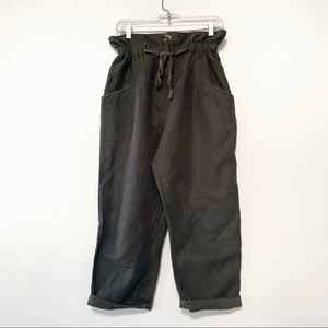Zara pants green dark khaki paperbag waist linen blend trouser taper leg